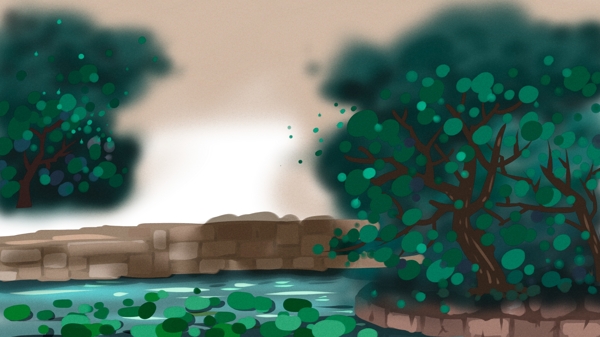彩绘绿树池塘背景素材