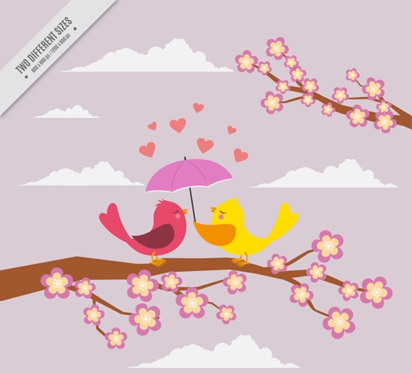 创意花枝上打伞的情侣小鸟