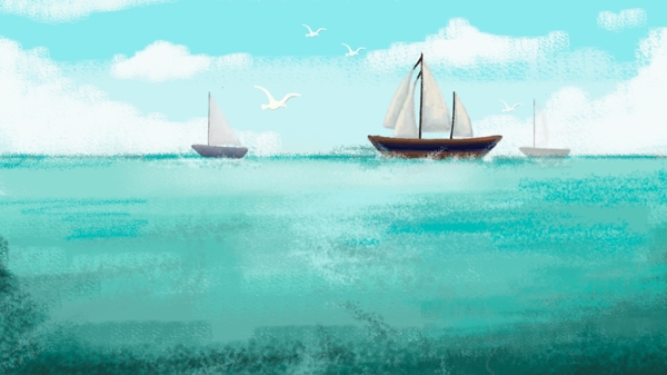 绿色水面上行驶的帆船卡通背景