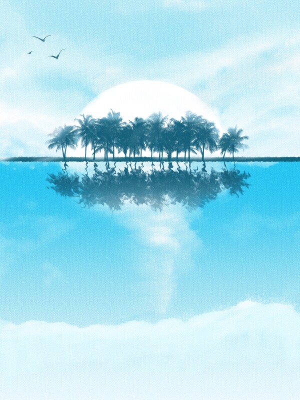 全原创手绘海边椰树林蓝天白云海报背景