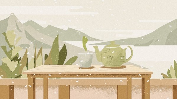 小雪节气冬日清晨一杯暖茶扁平渐变插画