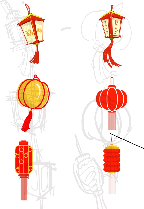 节日几何手绘红色灯笼可商用元素