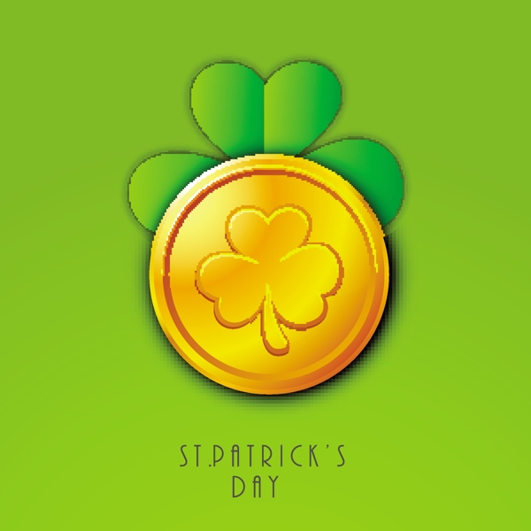 快乐的圣巴特里克节概念与三叶设计在绿色背景的金币