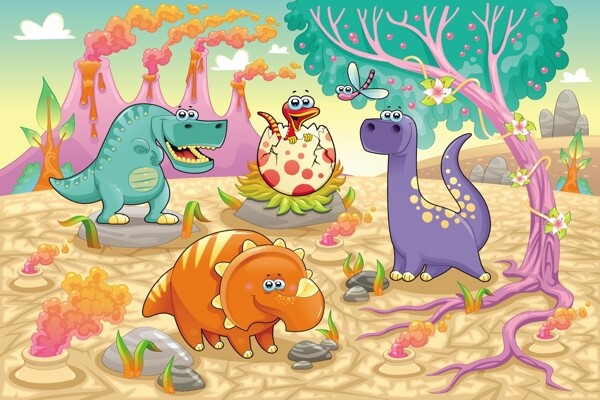 火山和树木以及可爱的恐龙卡通画