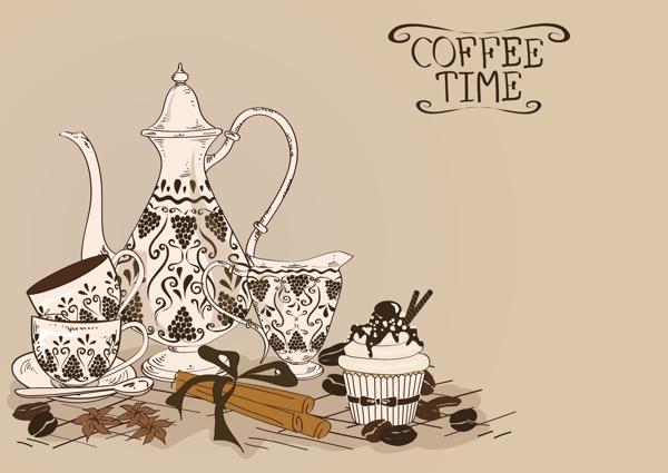手绘花纹茶壶和茶杯矢量素材