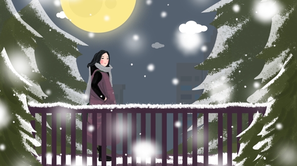 原创晚安全世界大雪纷飞在桥上的女孩