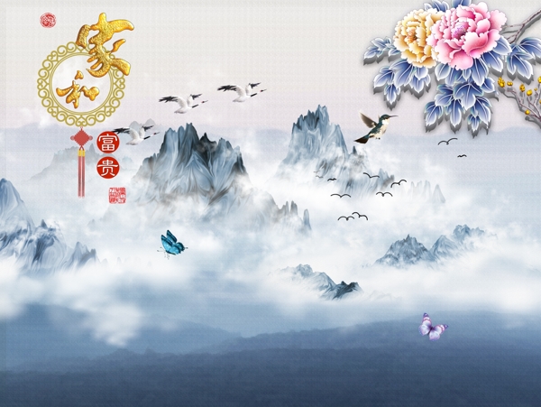 新中式山水花朵背景墙