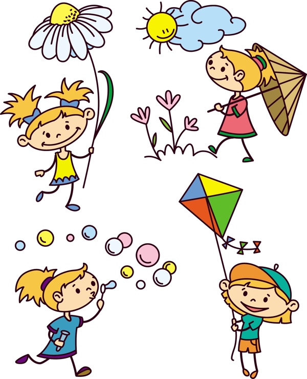 卡通可爱女孩玩耍花朵放风筝图片
