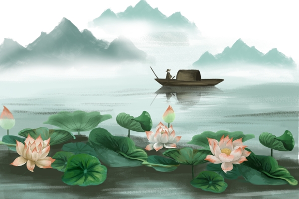 山水水彩复古插画背景海报素材图片