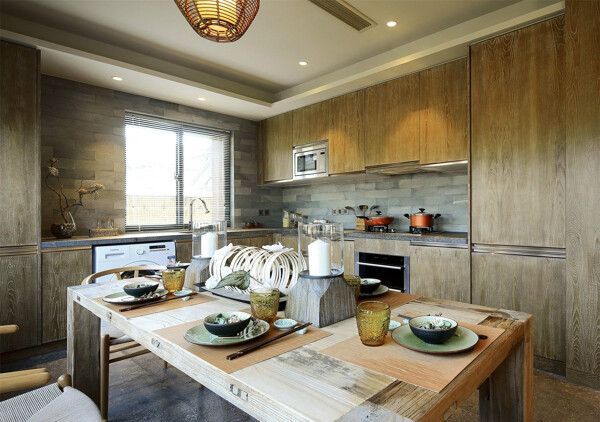 中式原木色混搭风格餐厅餐桌效果图
