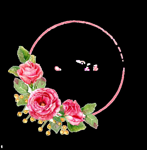 浪漫玫红色玫瑰花手绘花环装饰元素