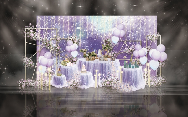 紫色水彩简约线条婚礼甜品工装效果图