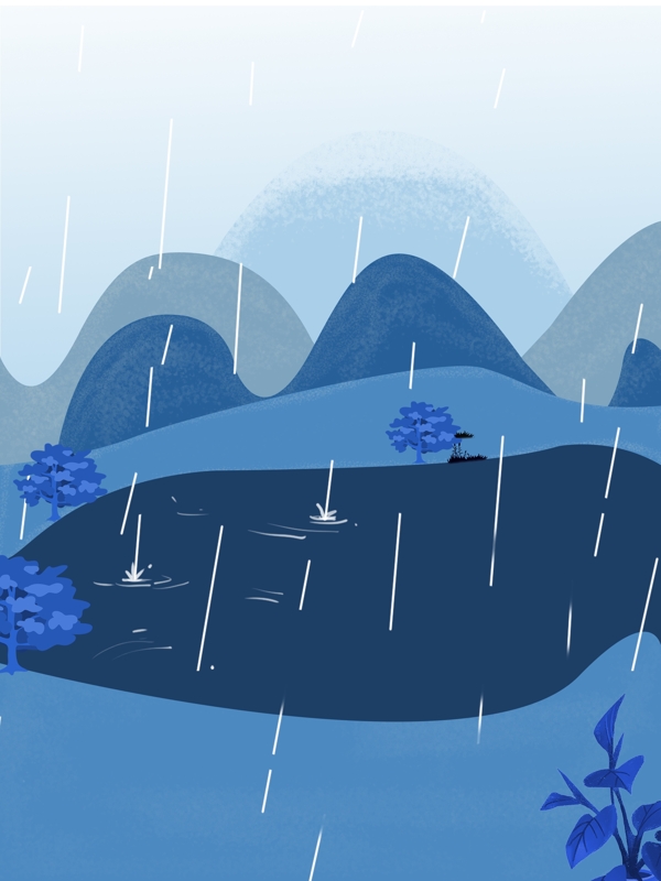 手绘雨水蓝色背景素材