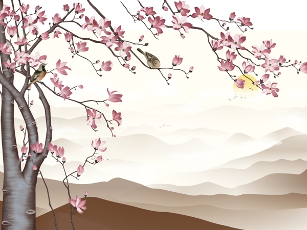 新中式花鸟山脉背景墙