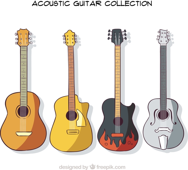 四个手绘扁平风格吉他插图