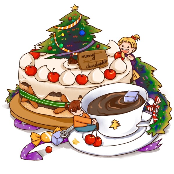 圣诞节美食蛋糕咖啡人物免抠素材