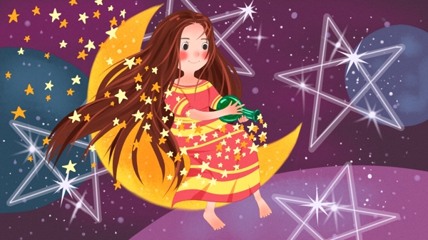 梦幻星空坐在月亮上放星星的女孩唯美插画
