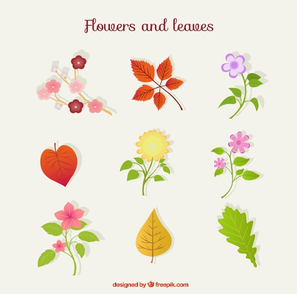 9款彩色花朵和叶子矢量素材