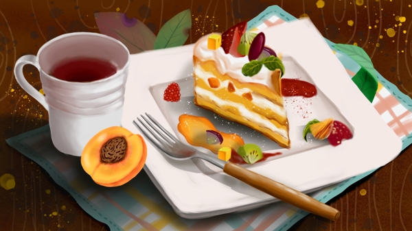 美食美味甜蜜水果红茶饮叉子黄桃蛋糕下午茶