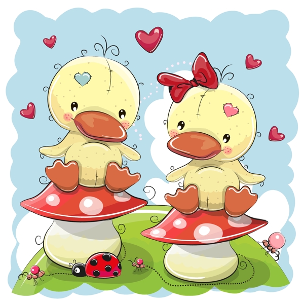 蘑菇上的小鸭子卡通动物插画矢量素材