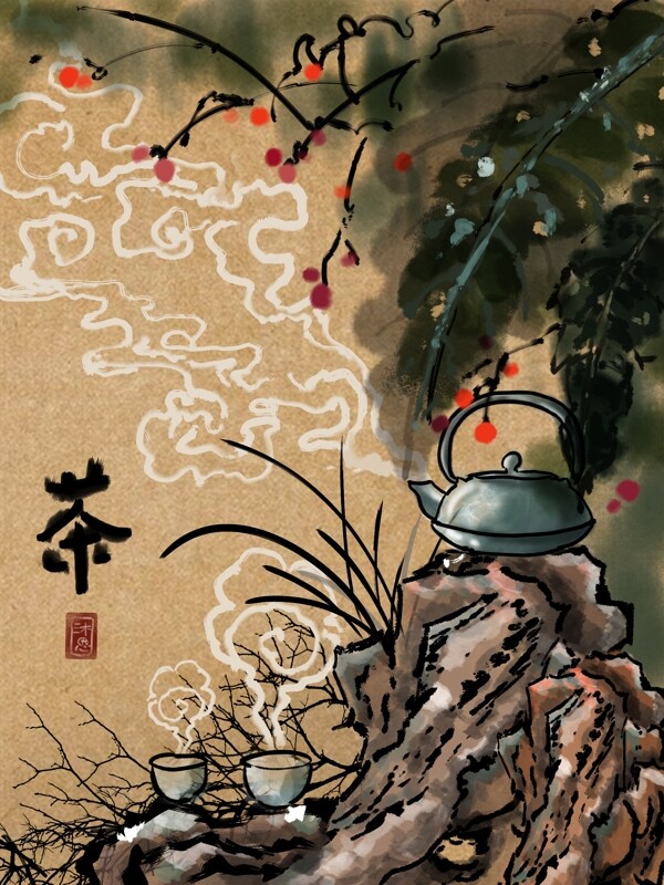 中国风水墨春茶节插画配图芭蕉叶假山祥云