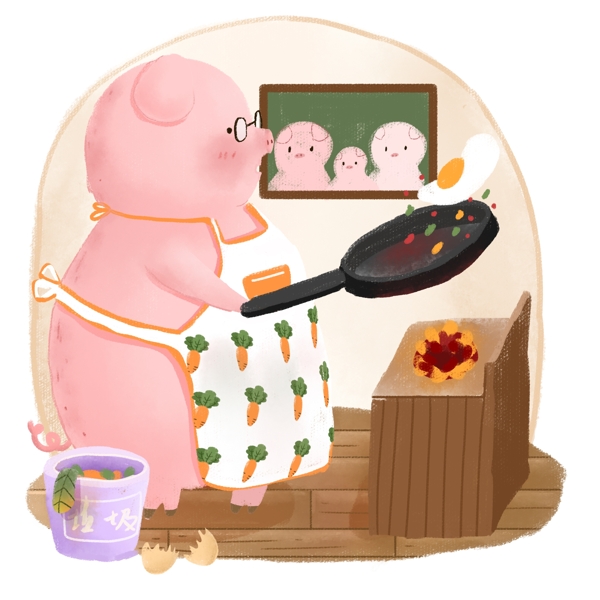 生肖动物猪炒蛋做饭卡通可爱儿童手绘插画元素