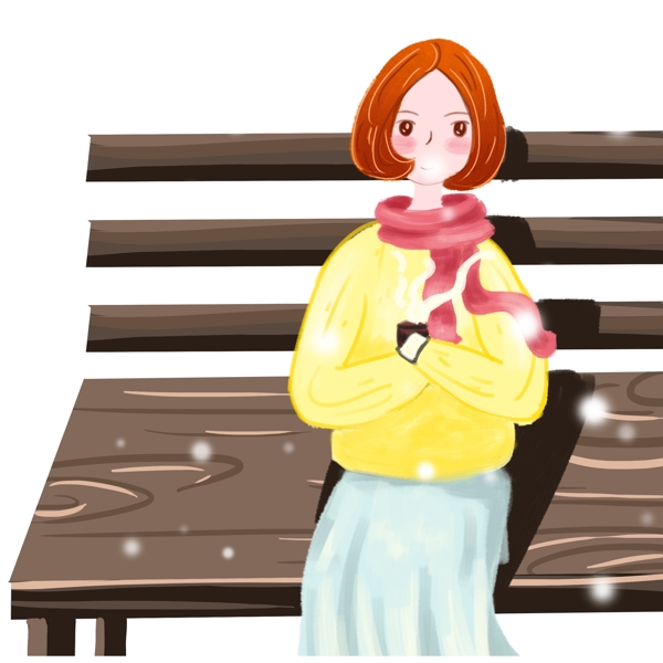 大雪中坐在公园长椅玩手机的女孩