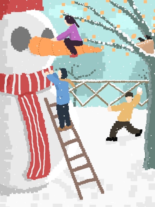 堆雪人打雪仗像素画原创插画