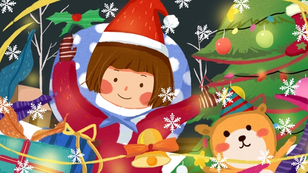 圣诞节狂欢女孩与小熊可爱温暖温馨插画