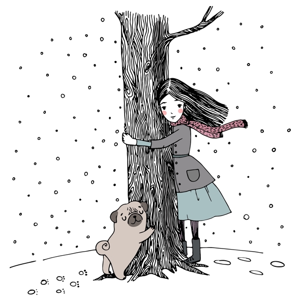 抱着大树的小女孩和小狗手绘矢量