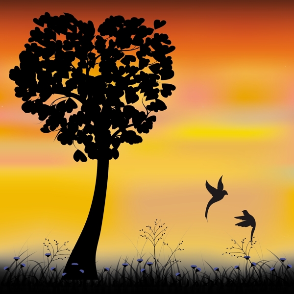 夕阳下的爱情树插画