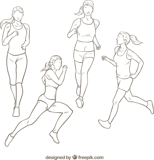 手绘不同跑步姿态的女人