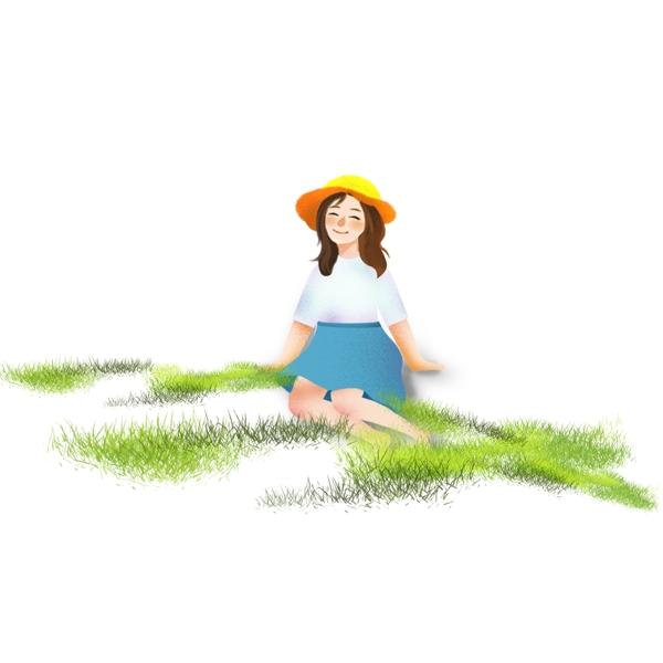 小女孩坐在草地上插画