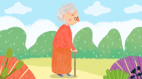 关爱老人老奶奶拐杖走路小清新原创手绘插画