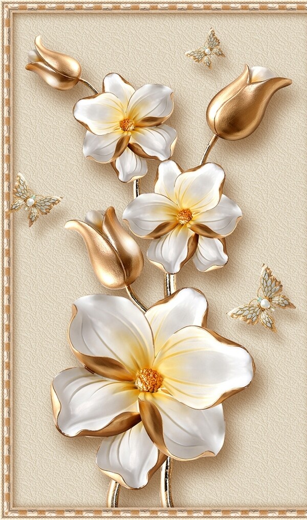 3D立体奢华金色花朵珠宝玄关