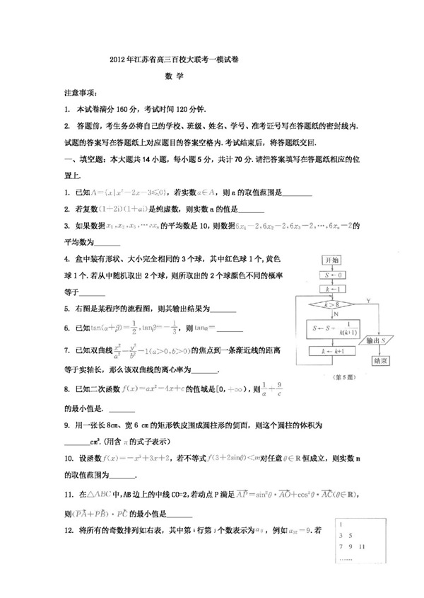 数学苏教版江苏省示范高中高三百校大联考一模数学试题