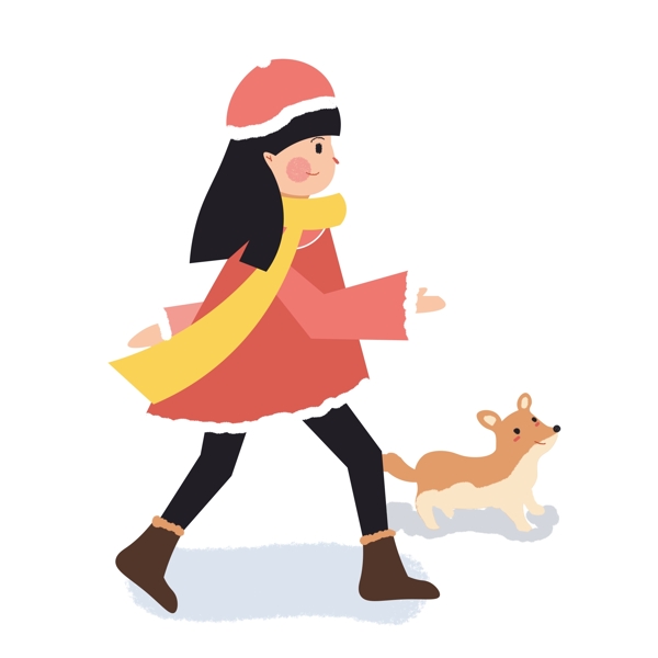 手绘卡通可爱女孩带着萌宠小狗散步可商用元素