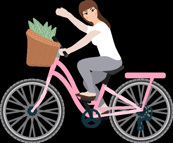白衣女子骑自行车买菜免抠png透明素材