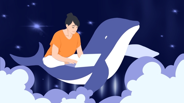 扁平鲸鱼办公女性插画