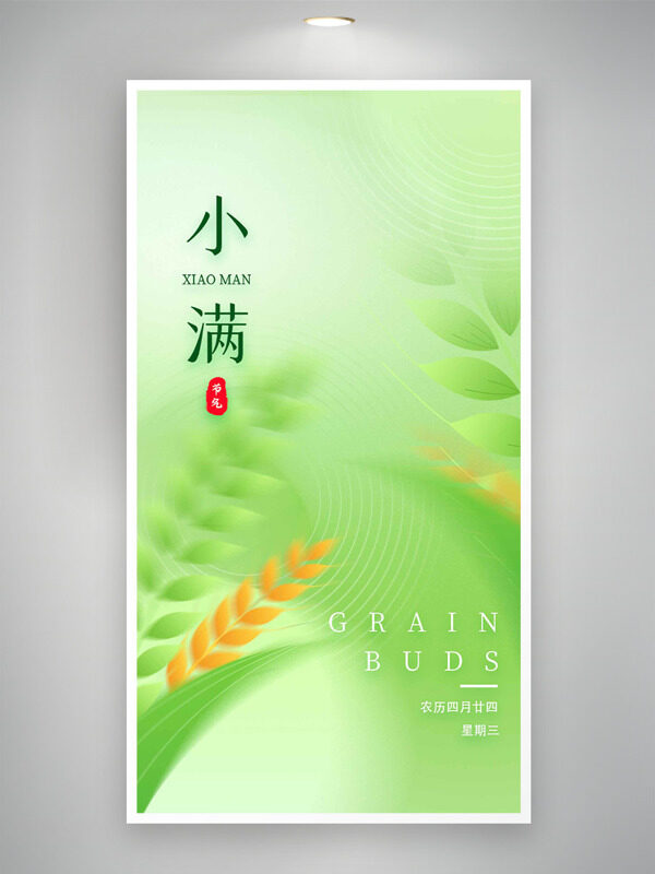绿色麦穗背景小满二十四传统节气海报