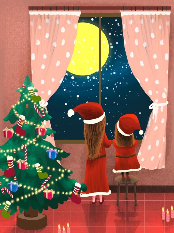 圣诞节圣诞树窗边看星空等圣诞老人的母女