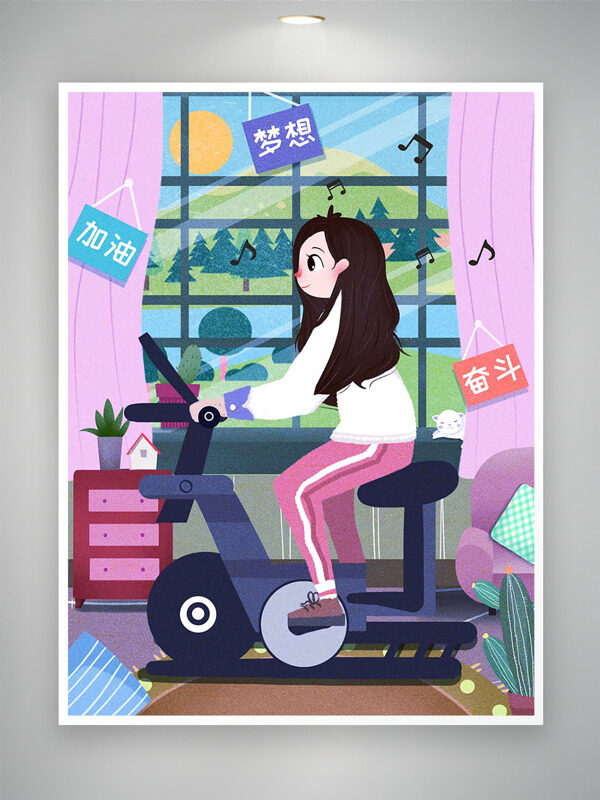 健身房场景创意卡通女生骑动感单车插画