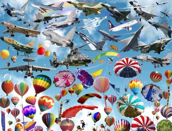 飞机氢气球降落伞素材图片