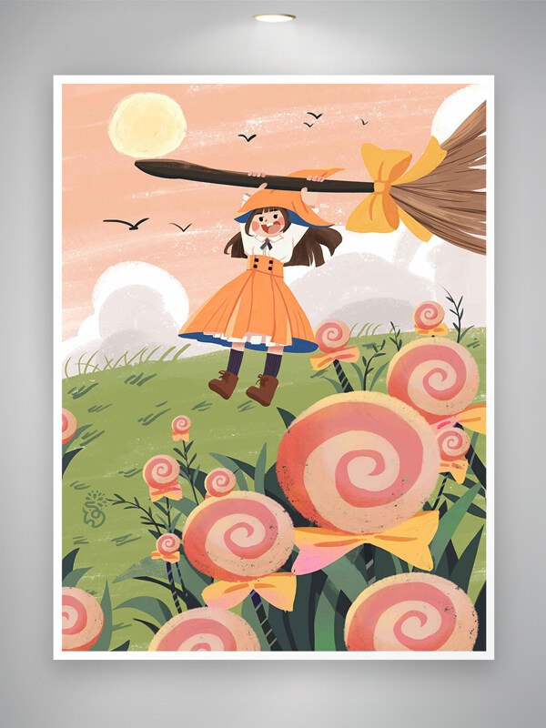 魔法之旅小女孩的糖果花园冒险插画