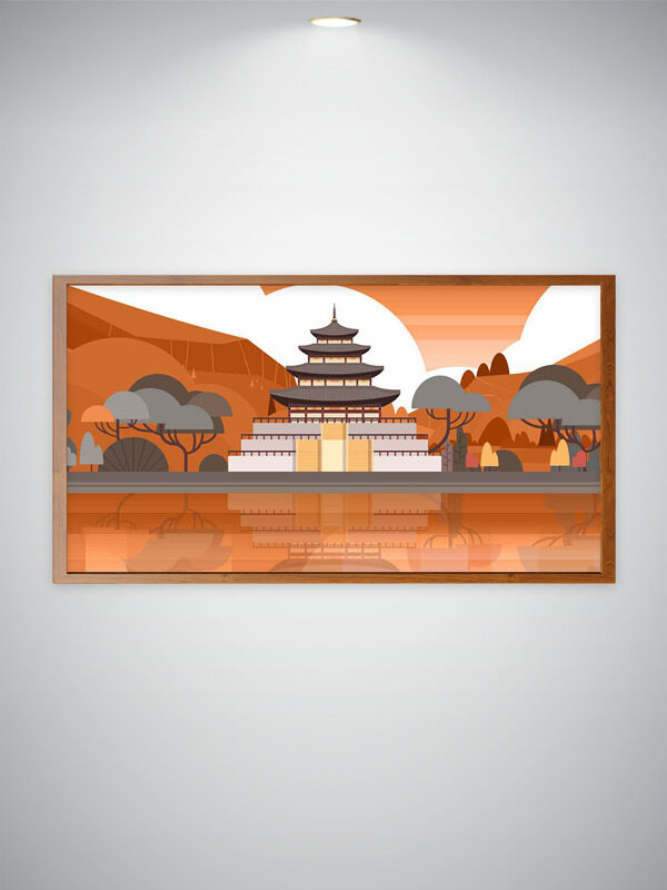 创意手绘简约夕阳下宁静祥和中式建筑插画