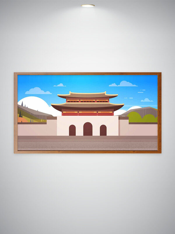 简约手绘创意中式对称宫门城楼建筑插画