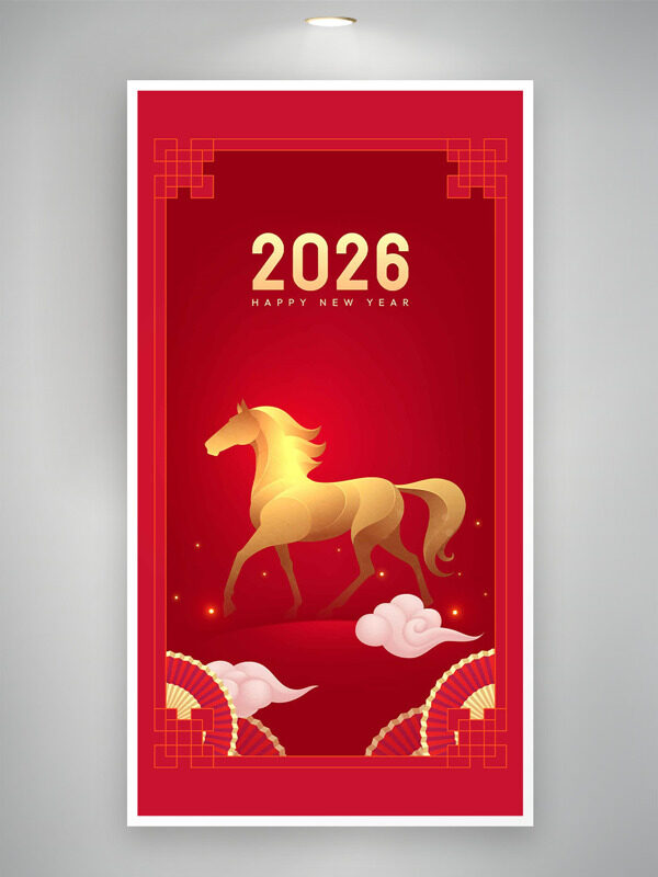 中国传统红色背景金色骏马祥云图案马年大吉海报
