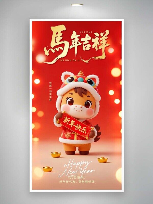 马年吉祥新年新气象小马送福红色灯光海报