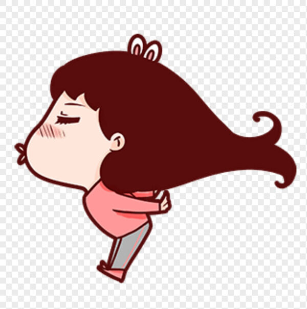 卡通手绘戴着小兔子发卡的棕色长发亲嘴女孩