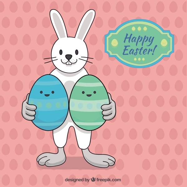 一只手拉的兔子有两只复活节的蛋